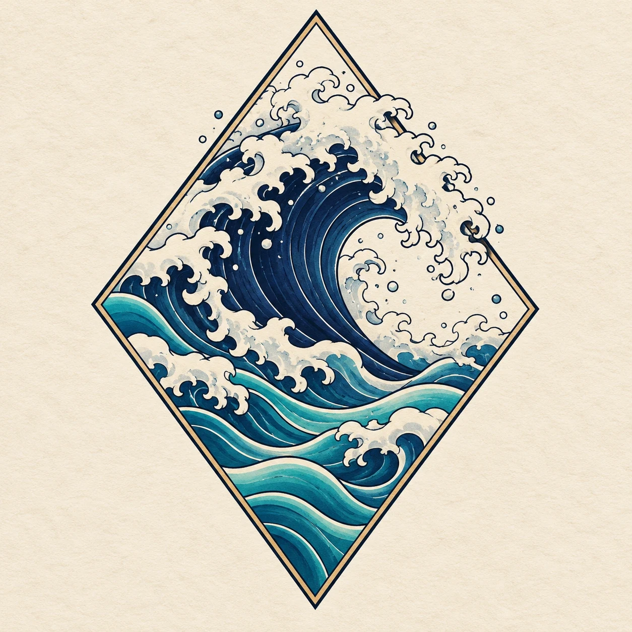 Blue curling wave in a tall diamond frame with foam crossing the upper edge
