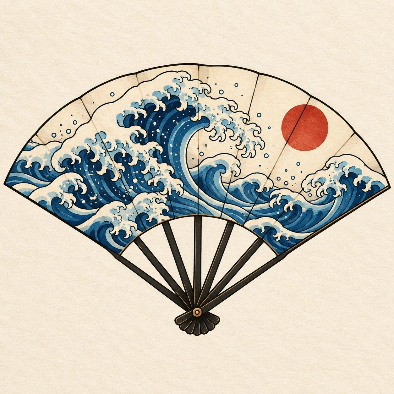 Open folding fan containing a blue wave and small red sun
