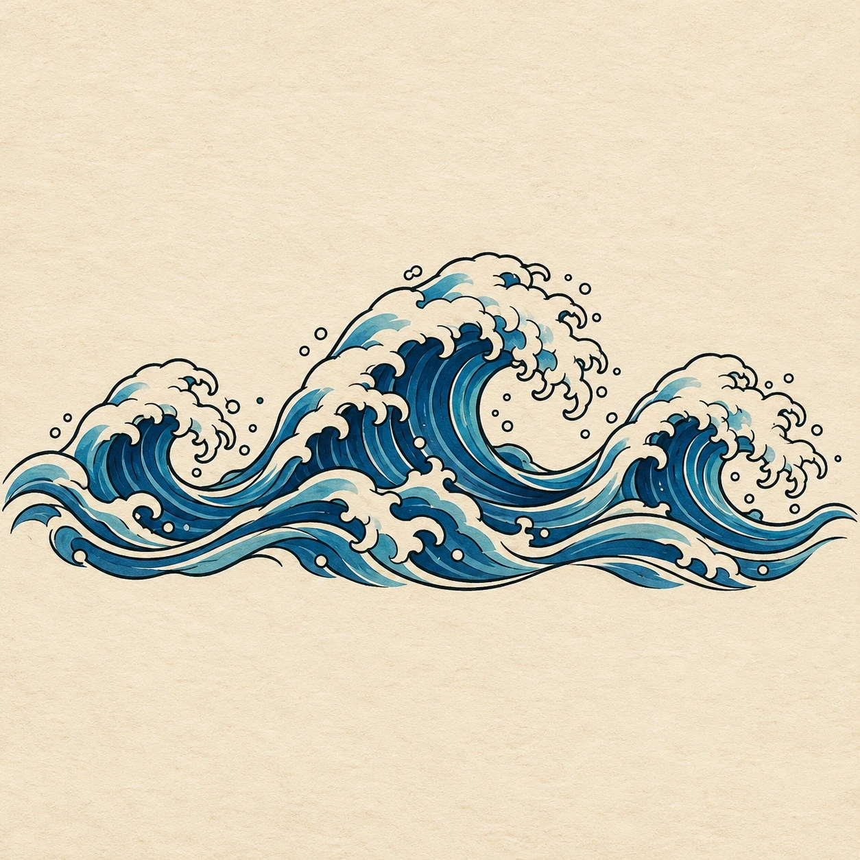 Horizontal row of three blue rolling waves with cream foam tips