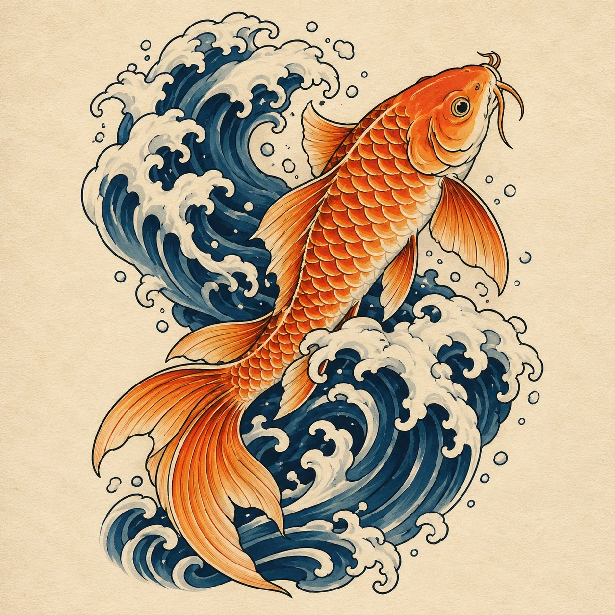Orange koi rising through two blue waves with cream foam