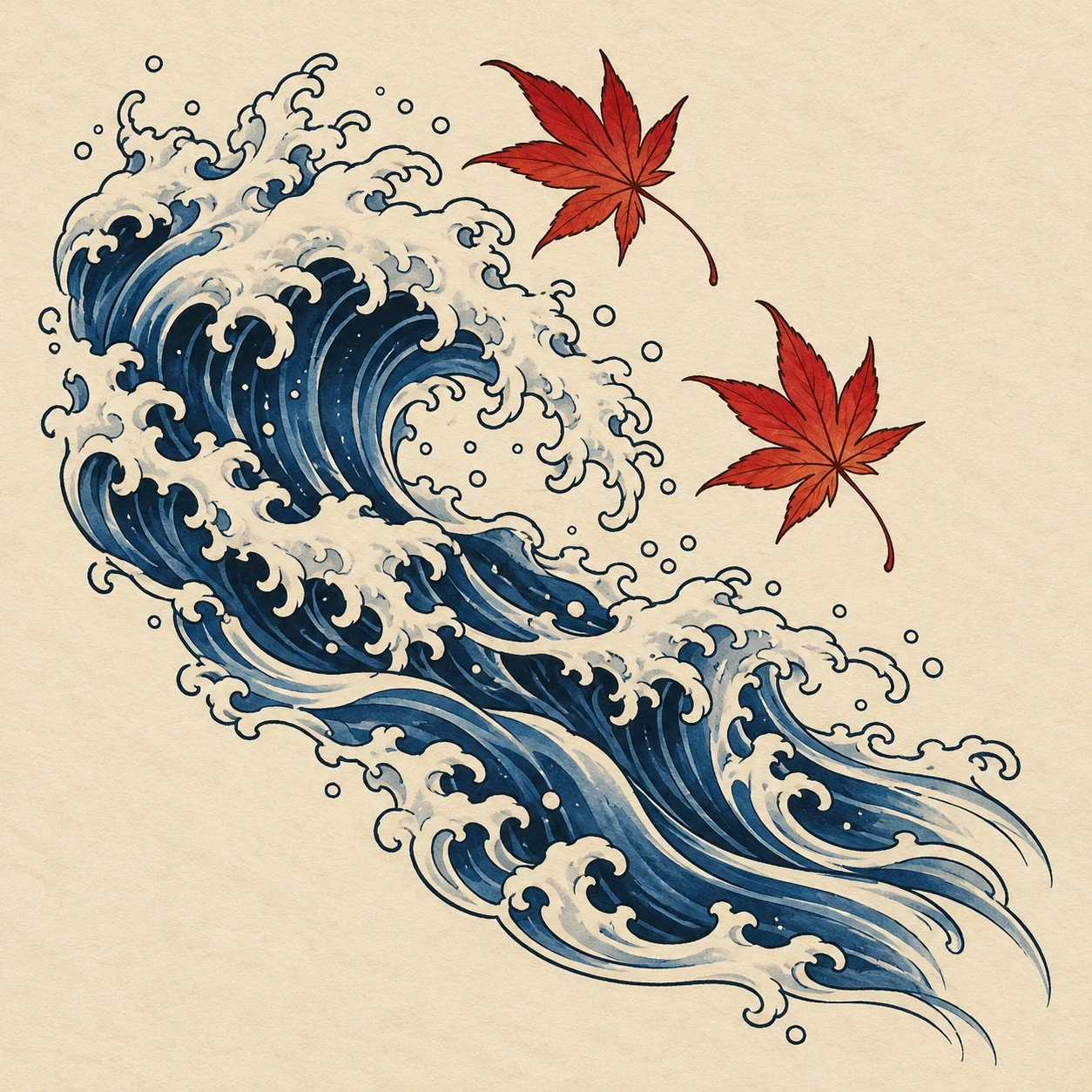 Diagonal blue wave with two red maple leaves above the foam