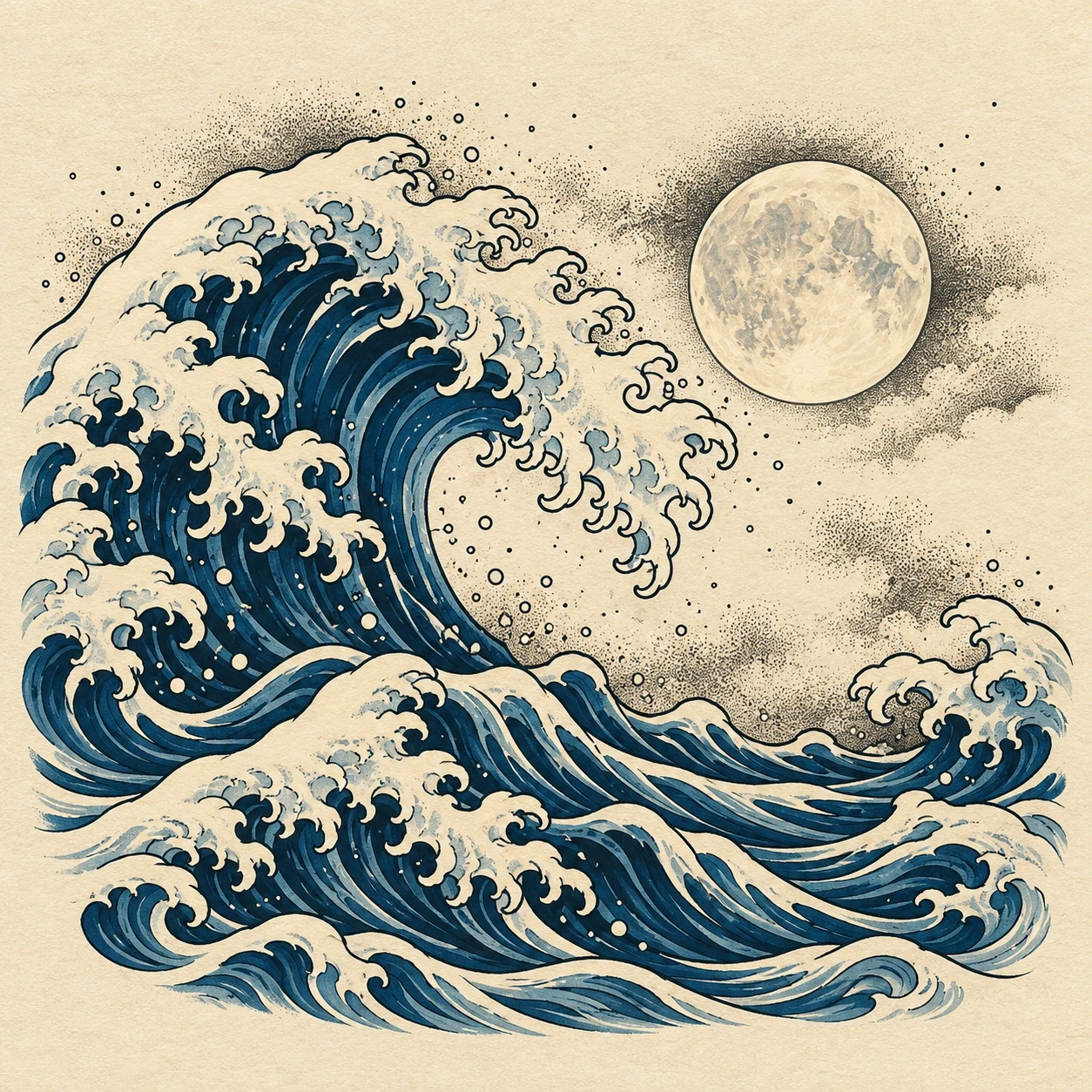Blue wave curling below a pale full moon
