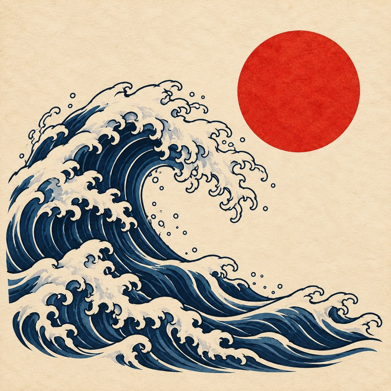 Navy curling wave beneath a red sun disc