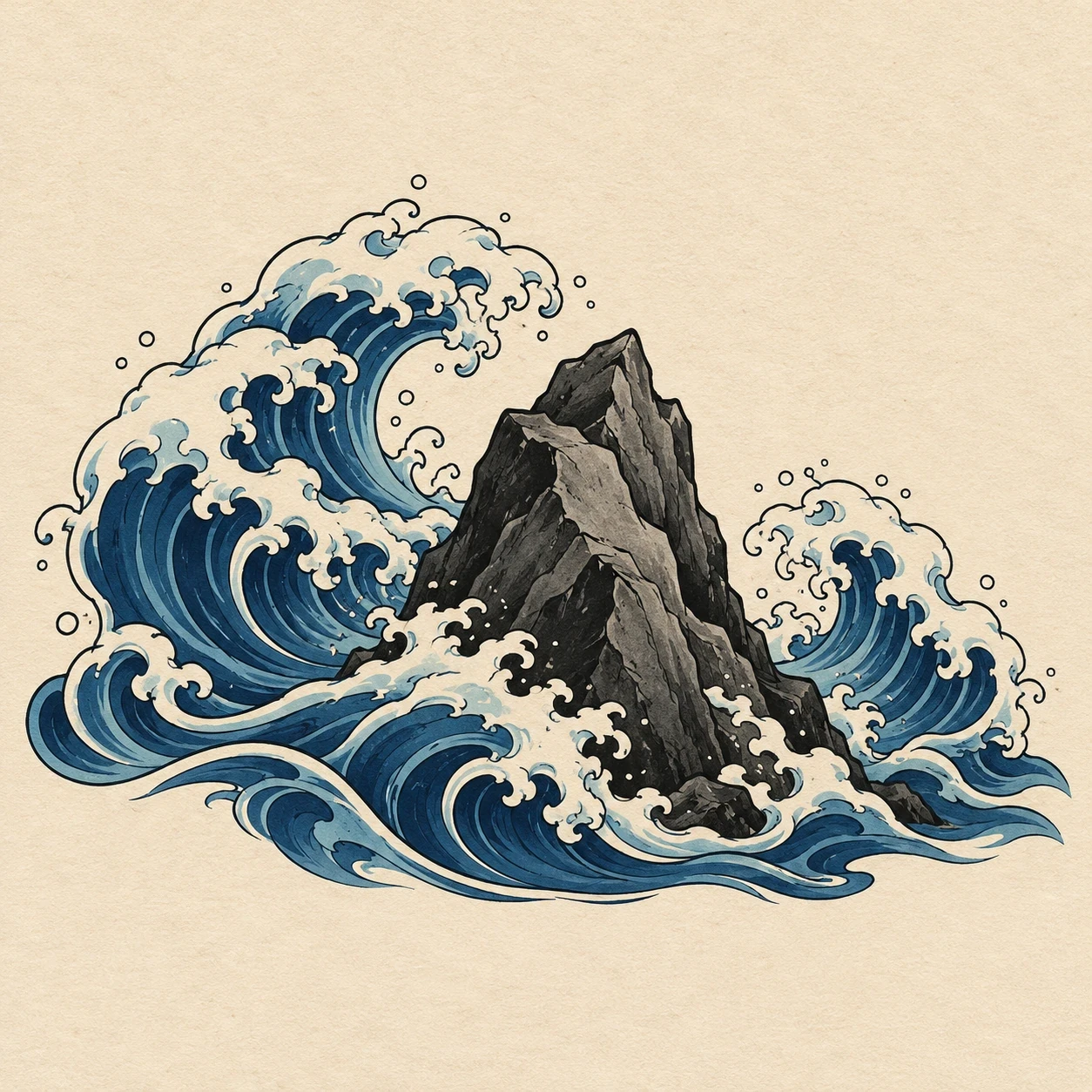 Indigo waves breaking around a central charcoal rock