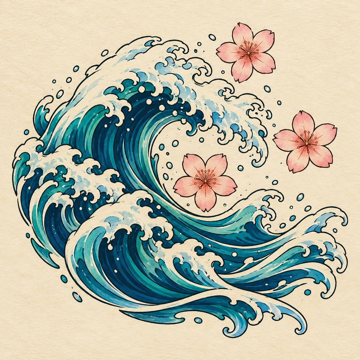 Turquoise wave with three pale pink cherry blossoms