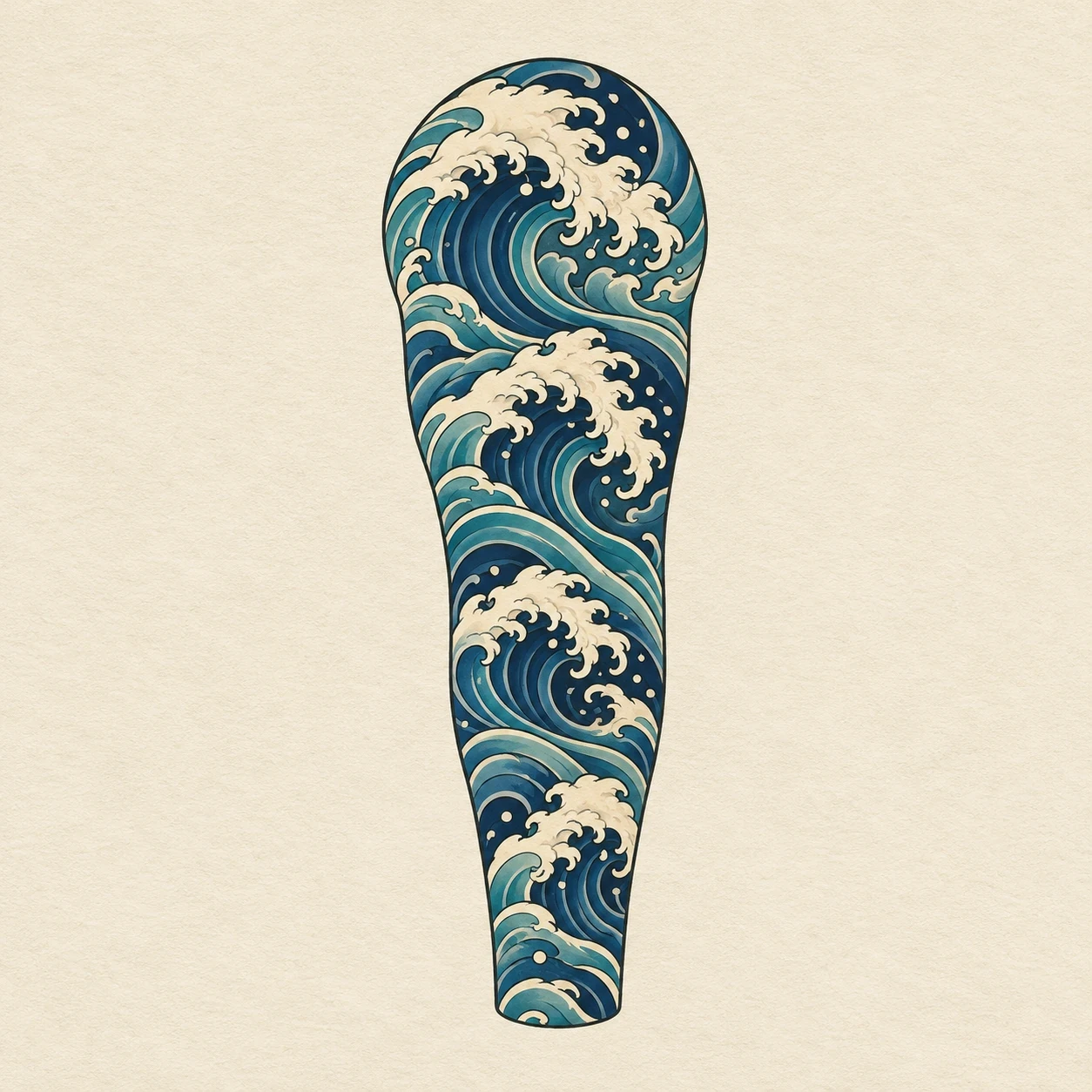 Tapered sleeve-planning panel of interlocking navy and teal waves