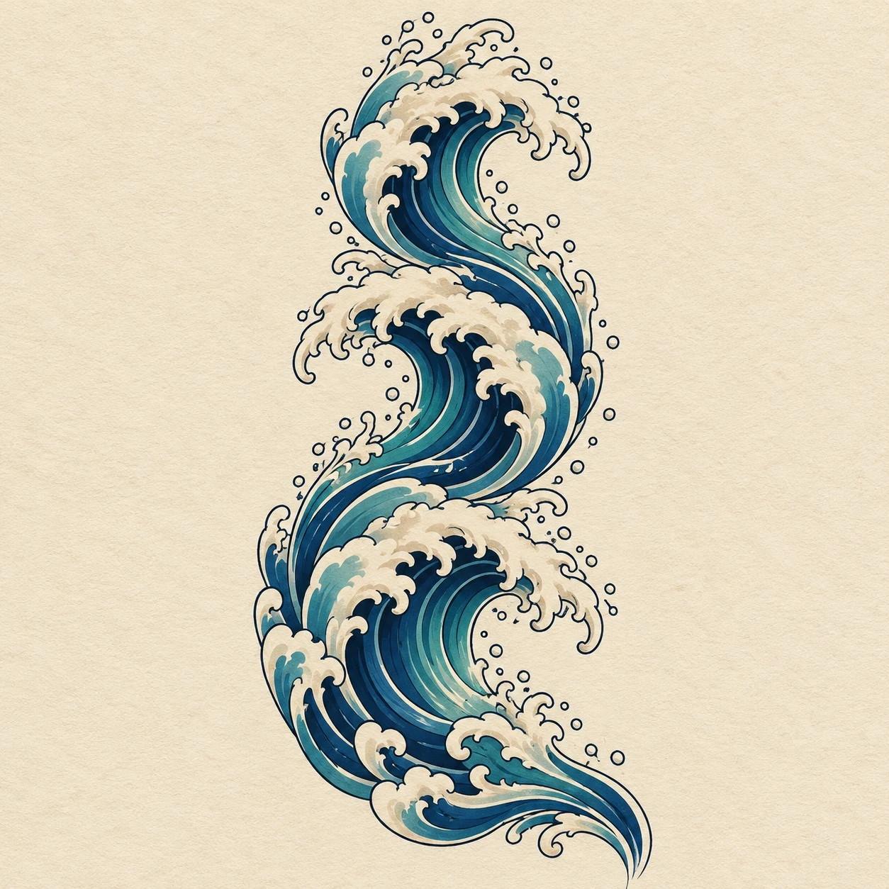 Vertical stack of three blue wave crests in an S-shaped arrangement