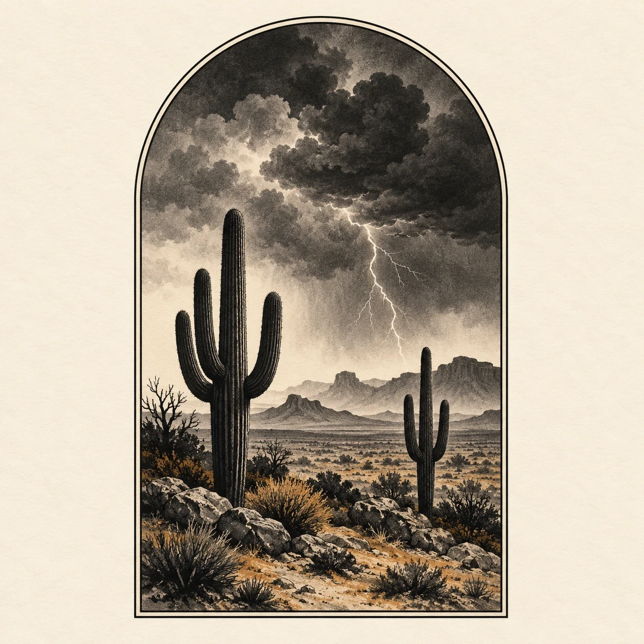 Arched desert storm tattoo concept with cacti, distant mesas and a lightning channel