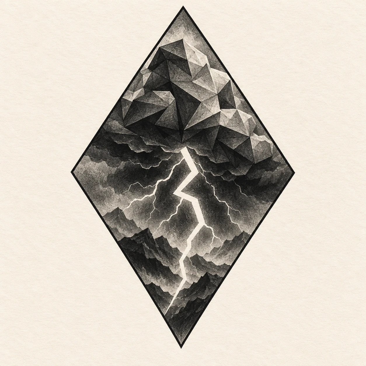 Diamond-framed geometric storm tattoo concept with faceted clouds, lightning and mountain silhouettes