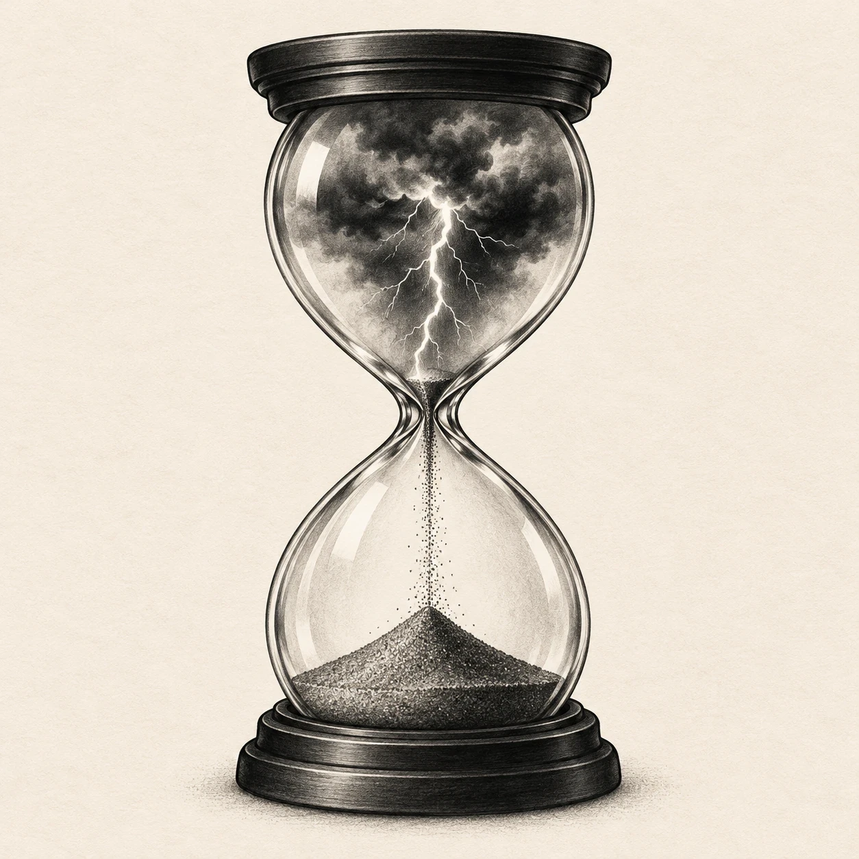 Hourglass storm tattoo concept with a cloud and lightning in the upper bulb and sand below