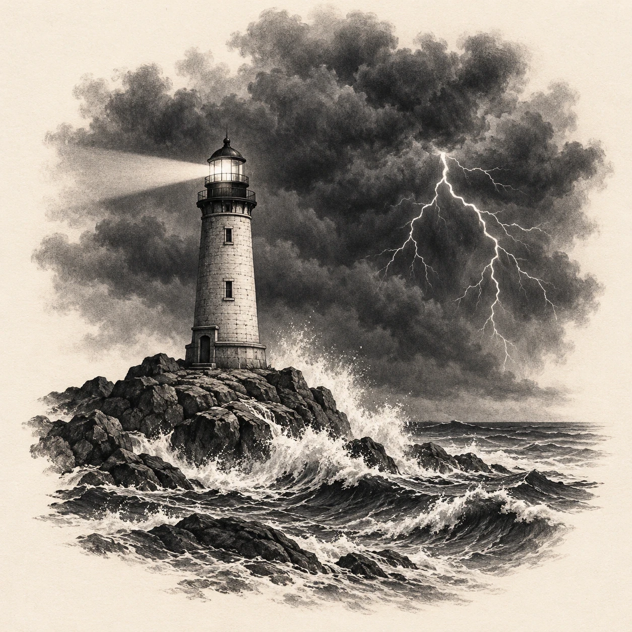 Lighthouse storm tattoo concept with a lantern beam, rocky shore and distant lightning