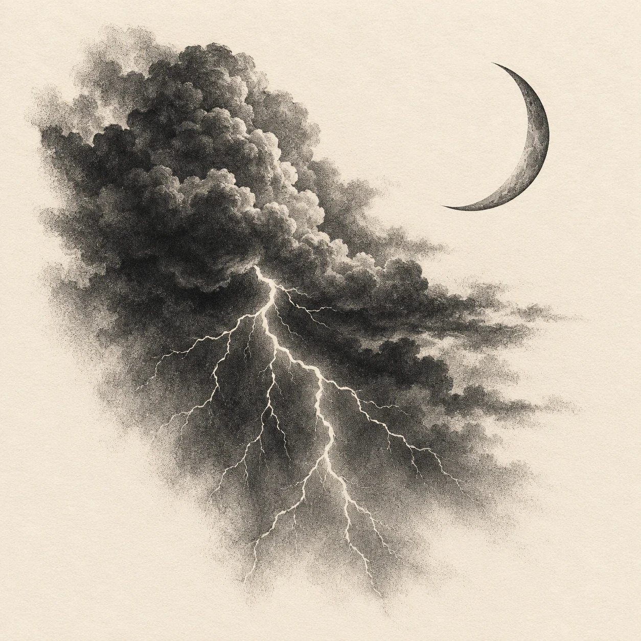Night-storm tattoo concept with a crescent moon, dark cloud and branching lightning