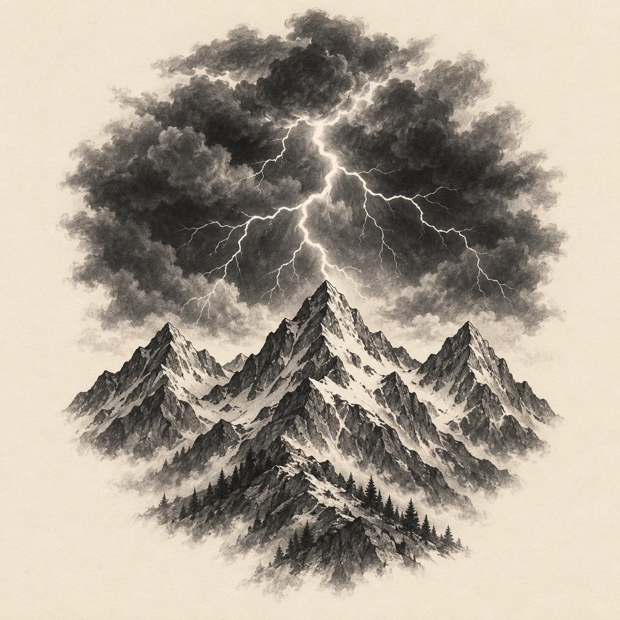 Mountain storm tattoo concept with a branching lightning channel above jagged peaks
