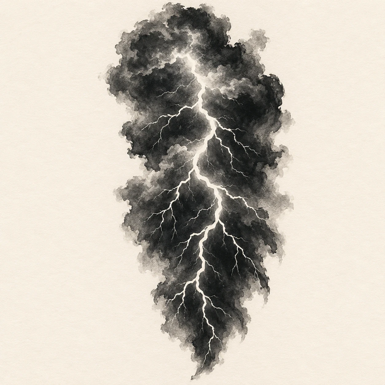 Negative-space lightning tattoo concept cut through a tall dark ink-wash storm cloud