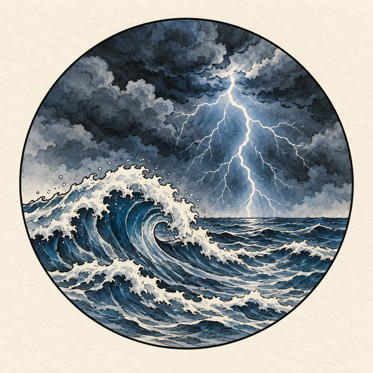 Circular ocean storm tattoo concept with a curling wave and lightning beneath dark clouds
