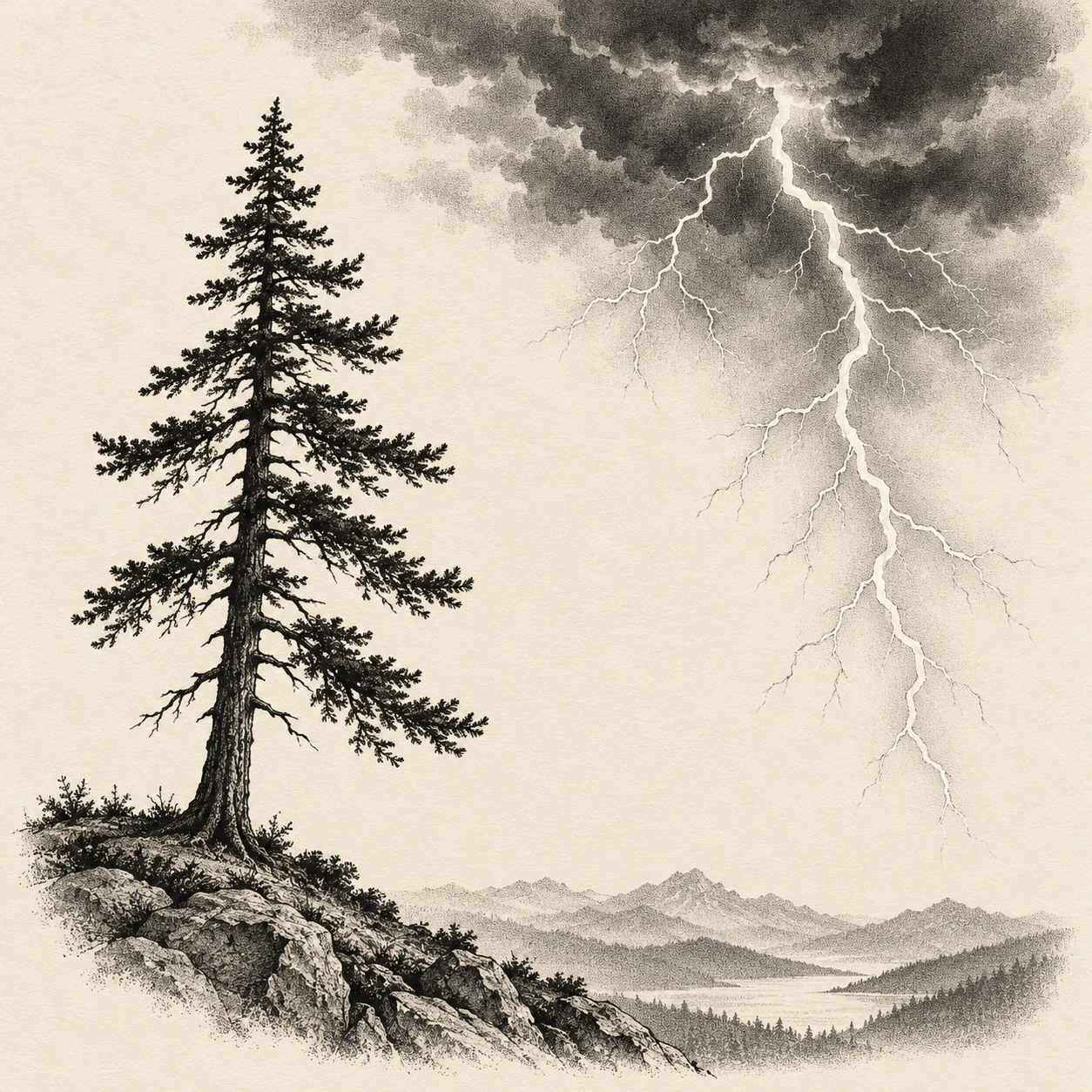 Pine-tree storm tattoo concept with a separate branching lightning channel beside a ridge
