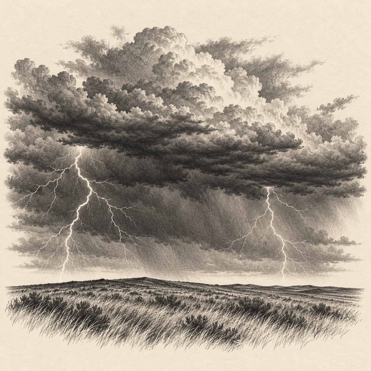 Wide prairie storm tattoo concept with layered clouds and two separated lightning channels