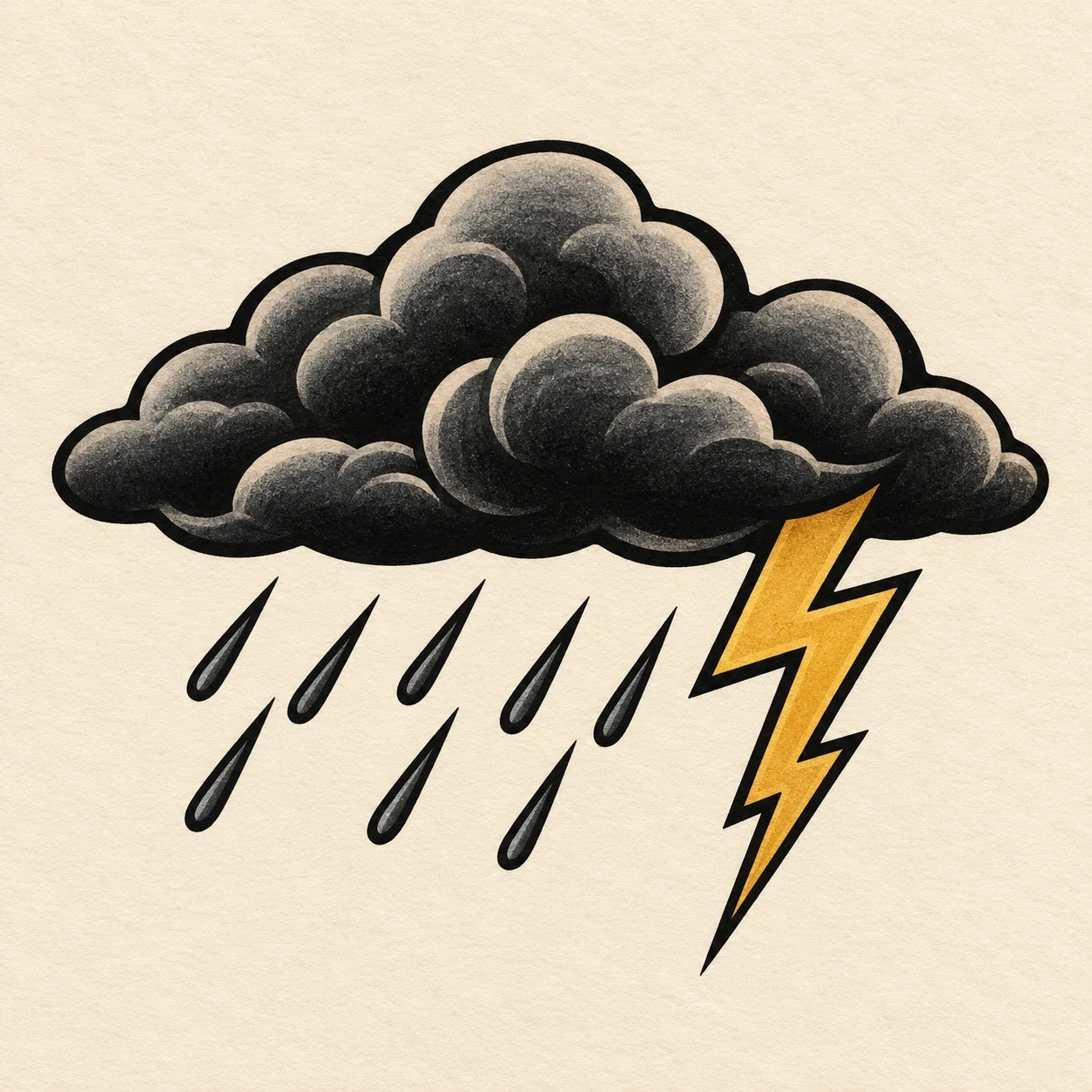 Stylized storm-cloud tattoo concept with diagonal rain marks and a gold lightning symbol