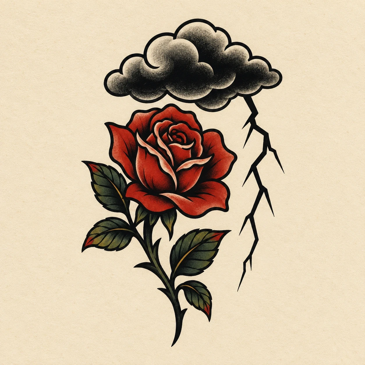 Storm-and-rose tattoo concept with a red bloom, dark cloud and separate lightning channel