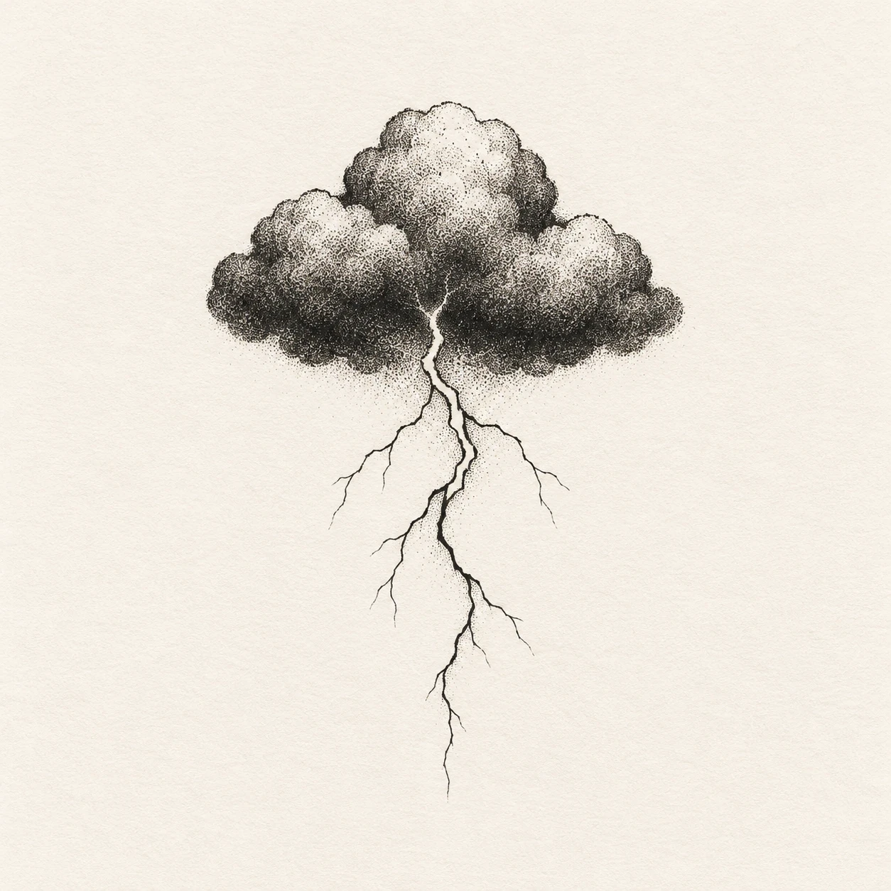 Black-and-grey tattoo concept with one shaded storm cloud and a branching lightning channel