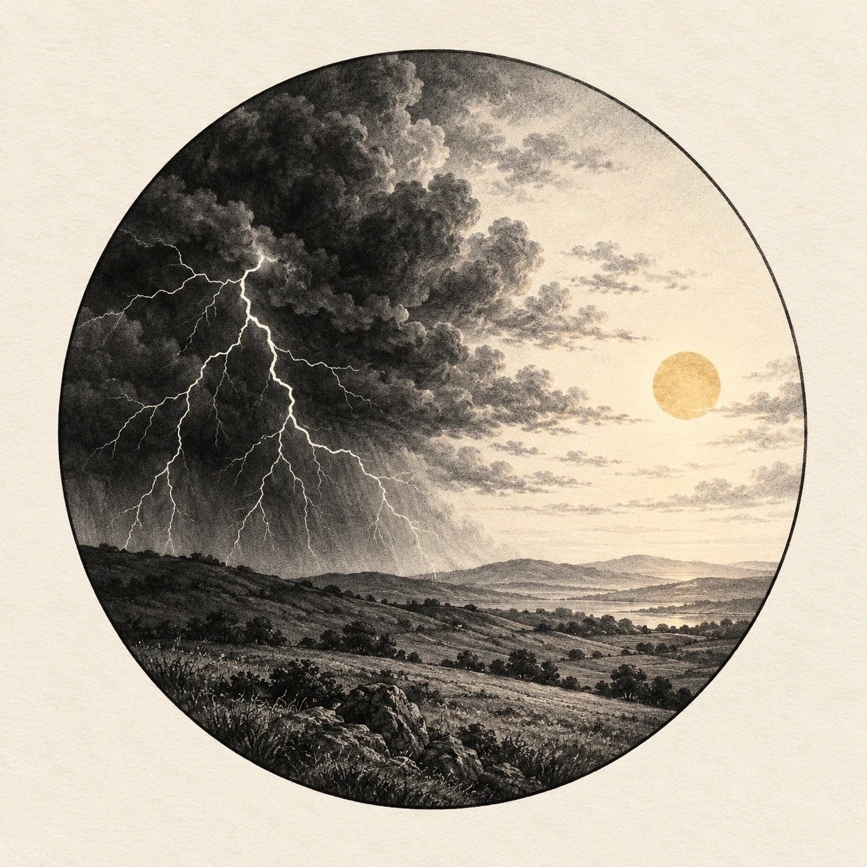 Circular changing-sky tattoo concept with lightning on one side and a small sun on the other