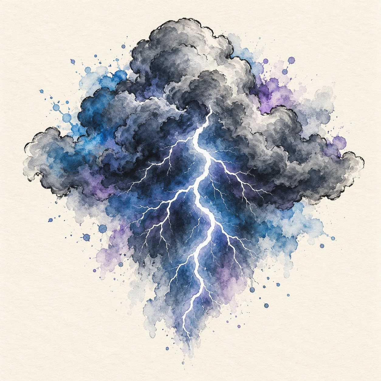 Blue-and-violet watercolor storm tattoo concept with a white branching lightning channel