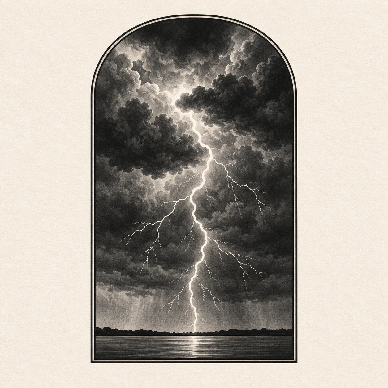 Arched-window storm tattoo concept with dark clouds, branching lightning and a distant water horizon