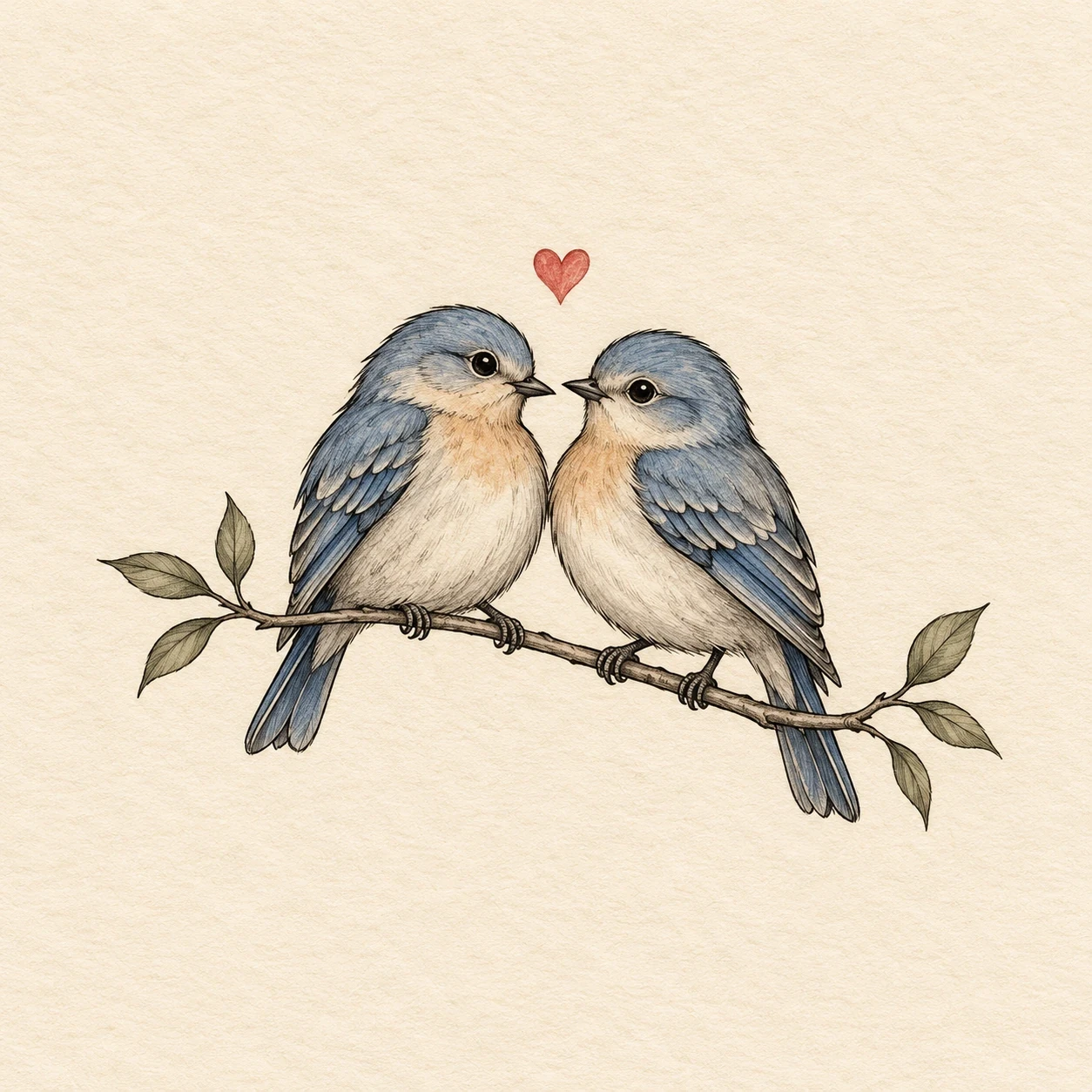 Two small songbirds on a branch beneath a red heart