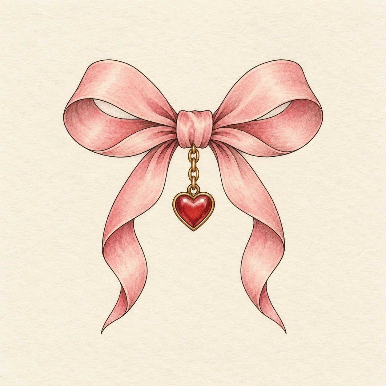 Pink ribbon bow with a hanging red heart charm