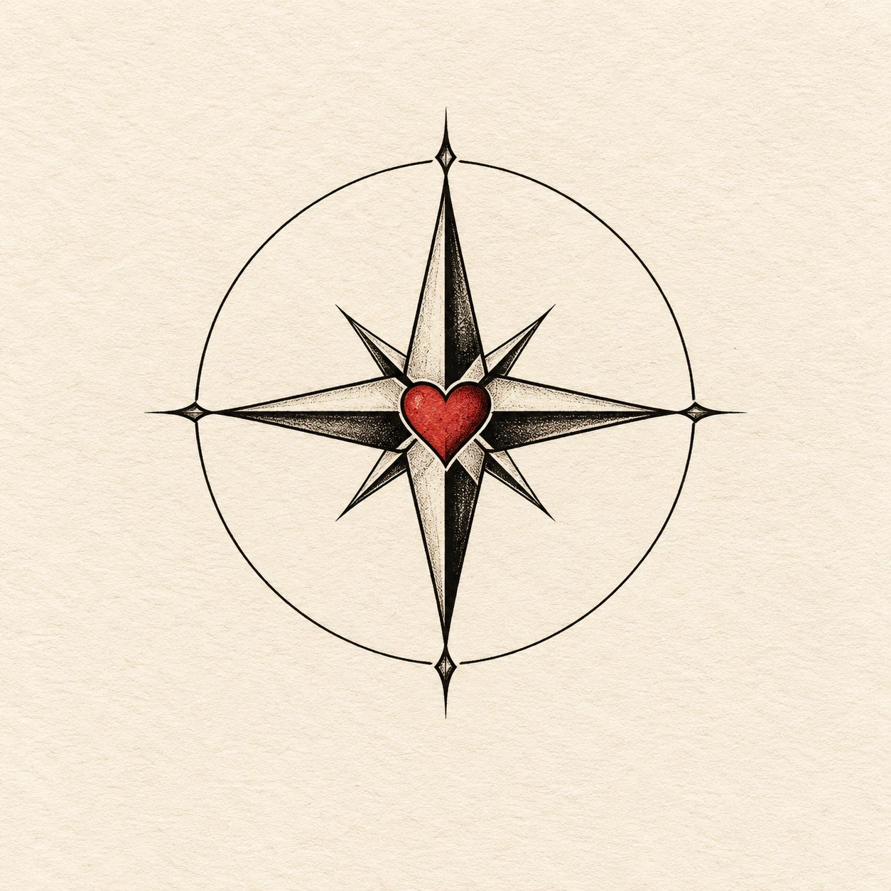 Eight-point compass rose with a small red heart at its center