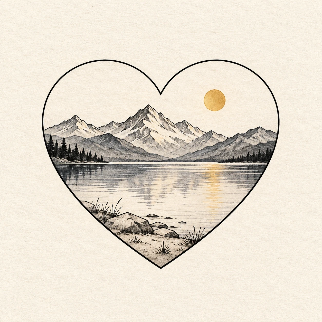 Mountain and lake landscape with a gold sun inside a heart frame