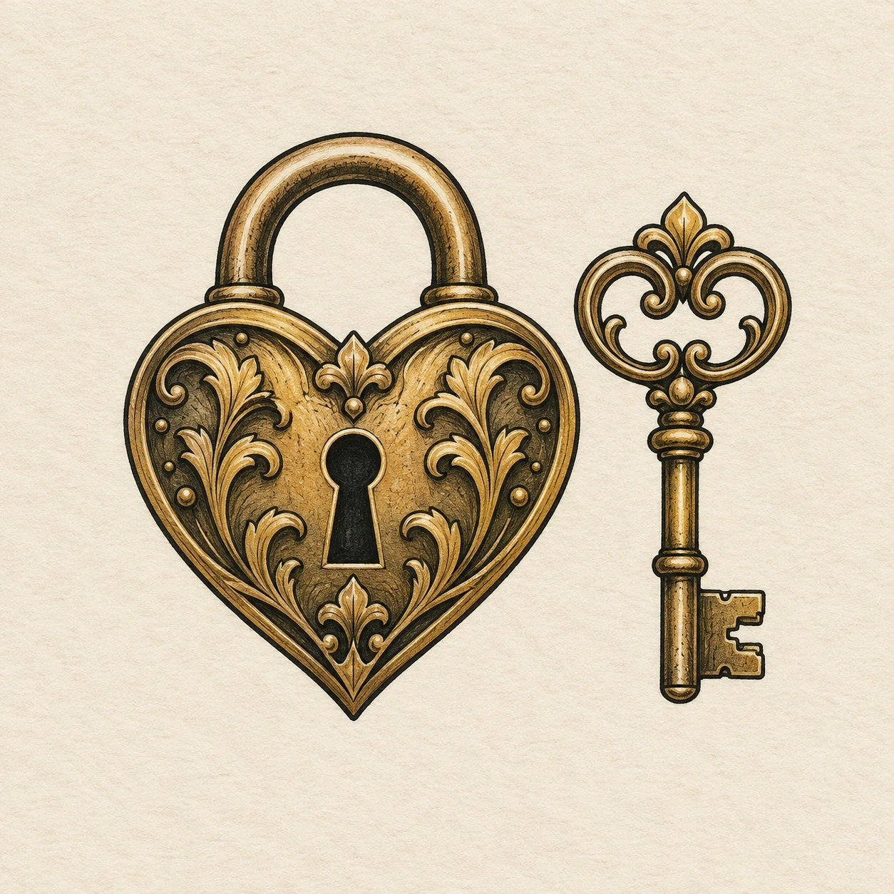 Heart-shaped brass padlock beside a separate matching key