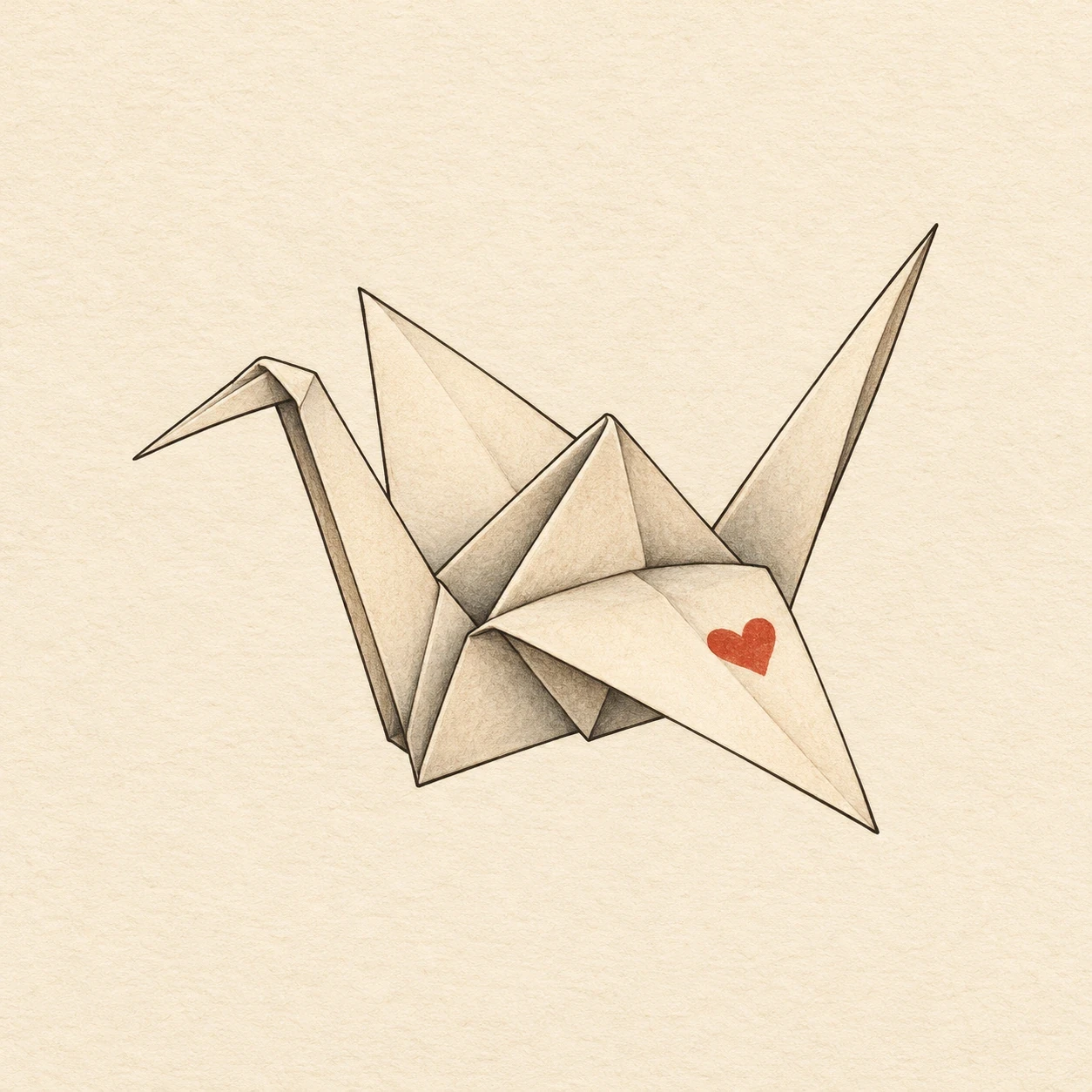 Folded paper crane with a small red heart on one wing