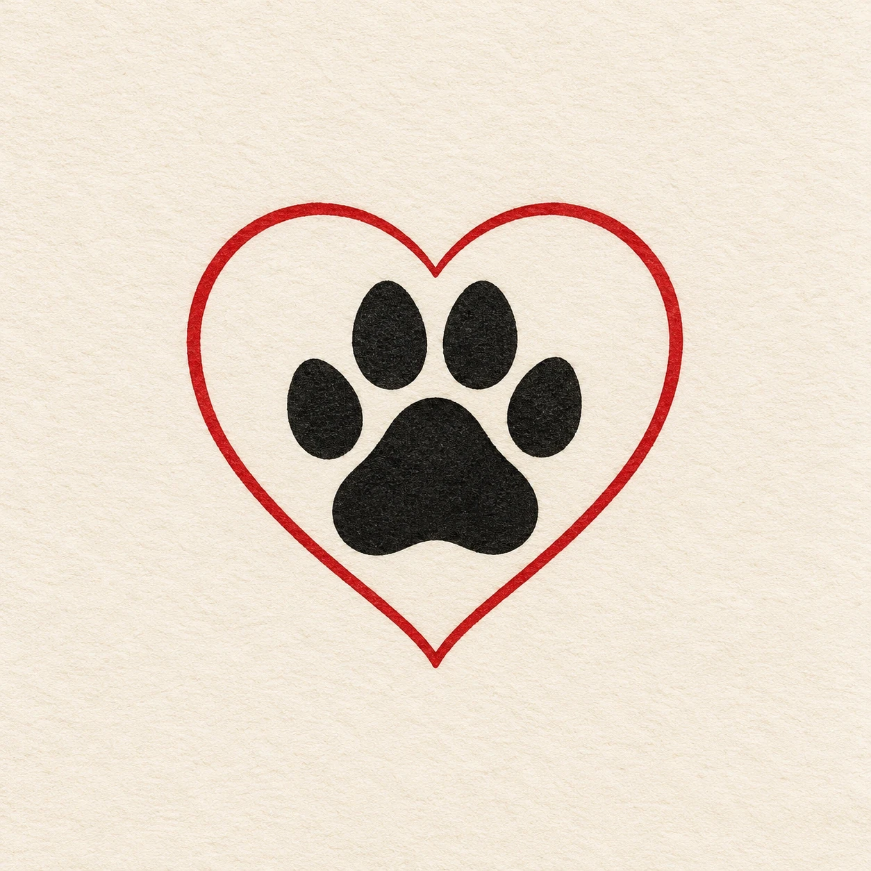 Black paw print with four toe pads inside a red heart outline