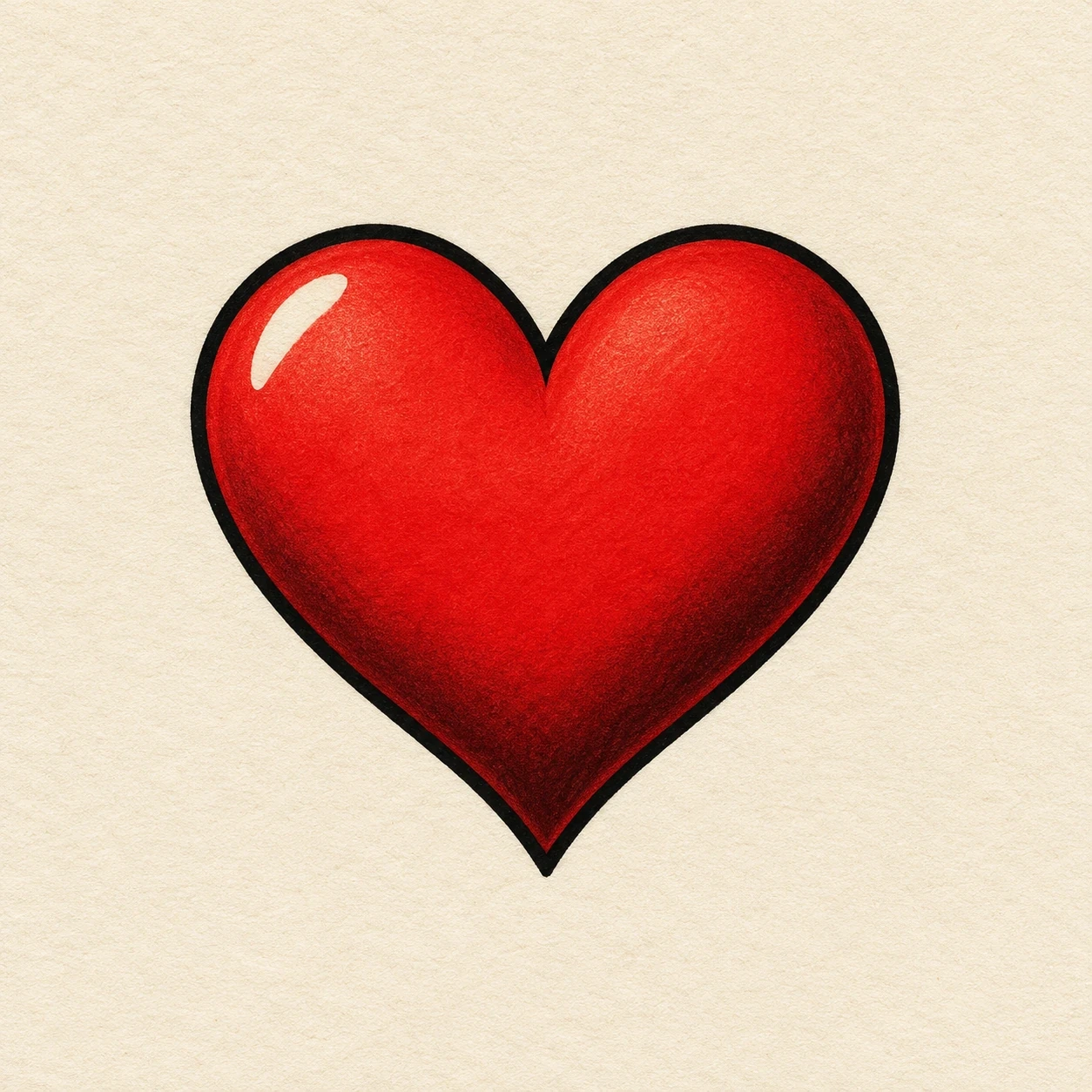 Classic red heart with a bold black outline and small pale highlight