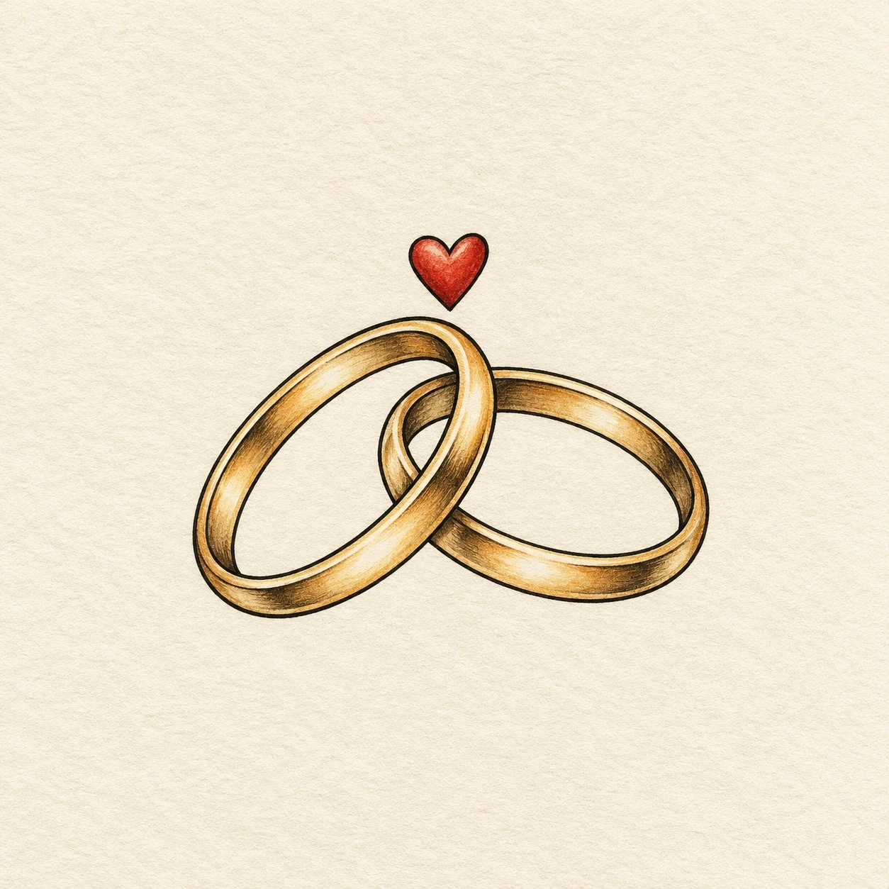 Two interlocking gold rings beneath a small red heart