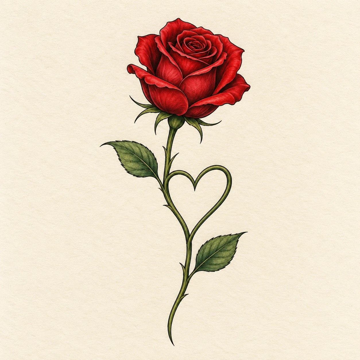 Red rose above a green stem curved into a heart-shaped loop