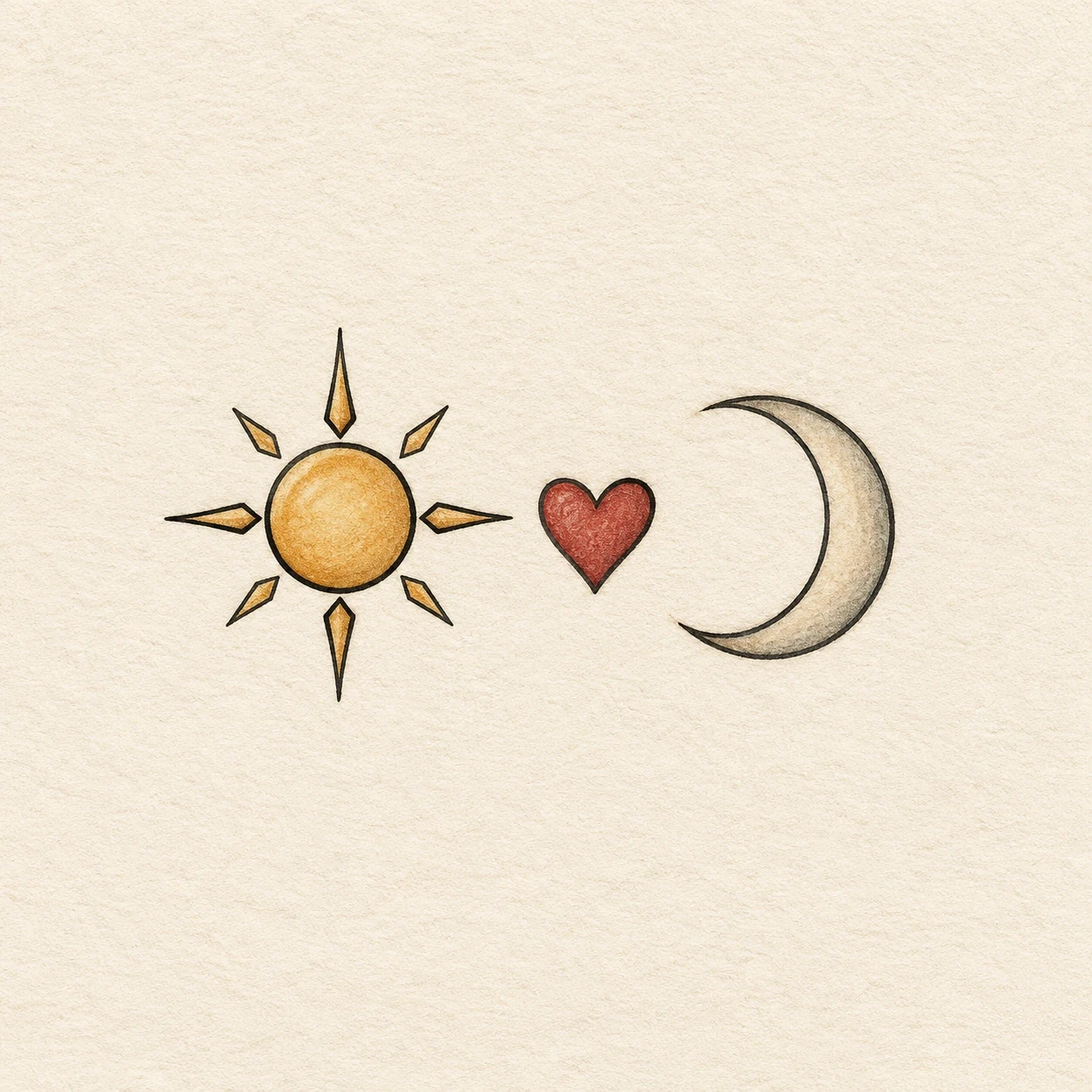 Gold sun and crescent moon with a red heart between them