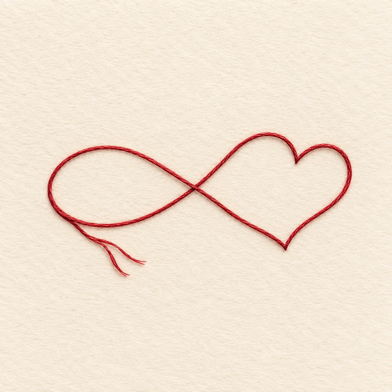 Red thread forming an oval loop and a heart-shaped loop