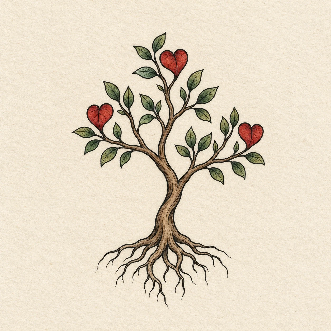 Small branching tree with green leaves and three red heart-shaped leaves