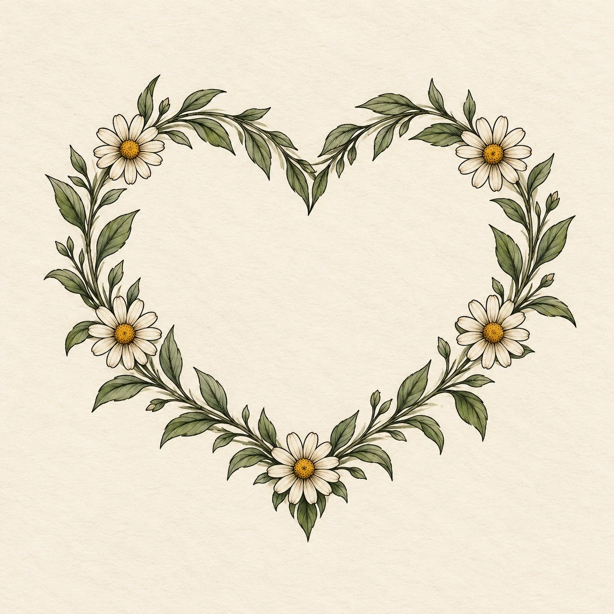 Heart-shaped leafy wreath with five small cream daisies