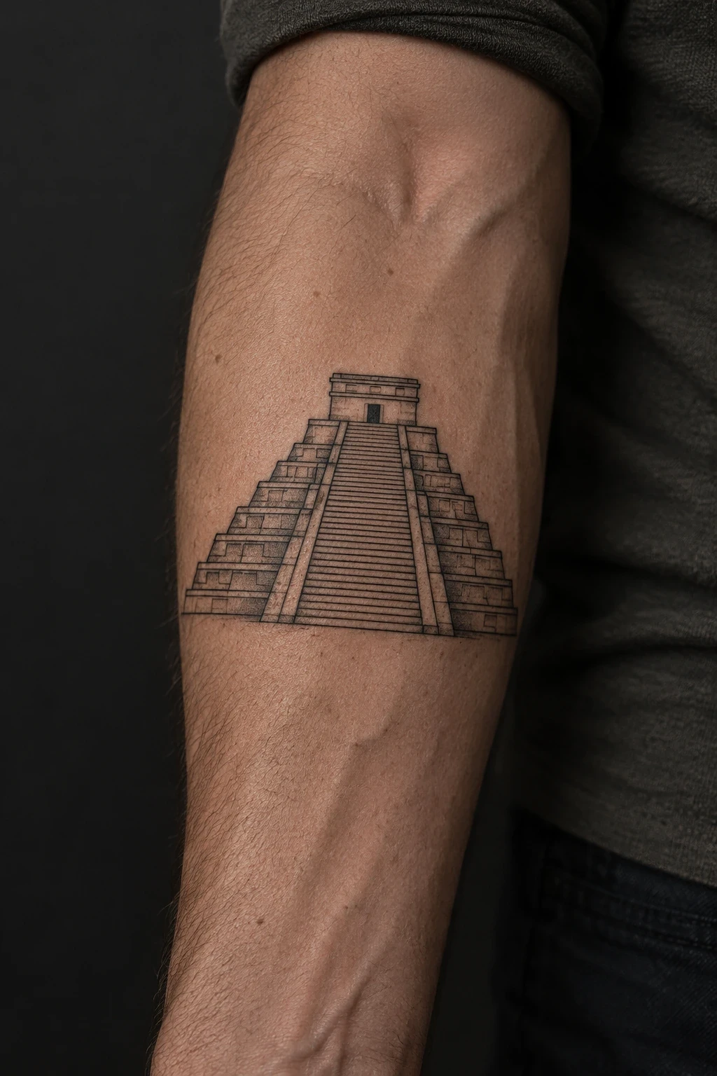Outlined stepped-temple tattoo with a central staircase on an inner forearm