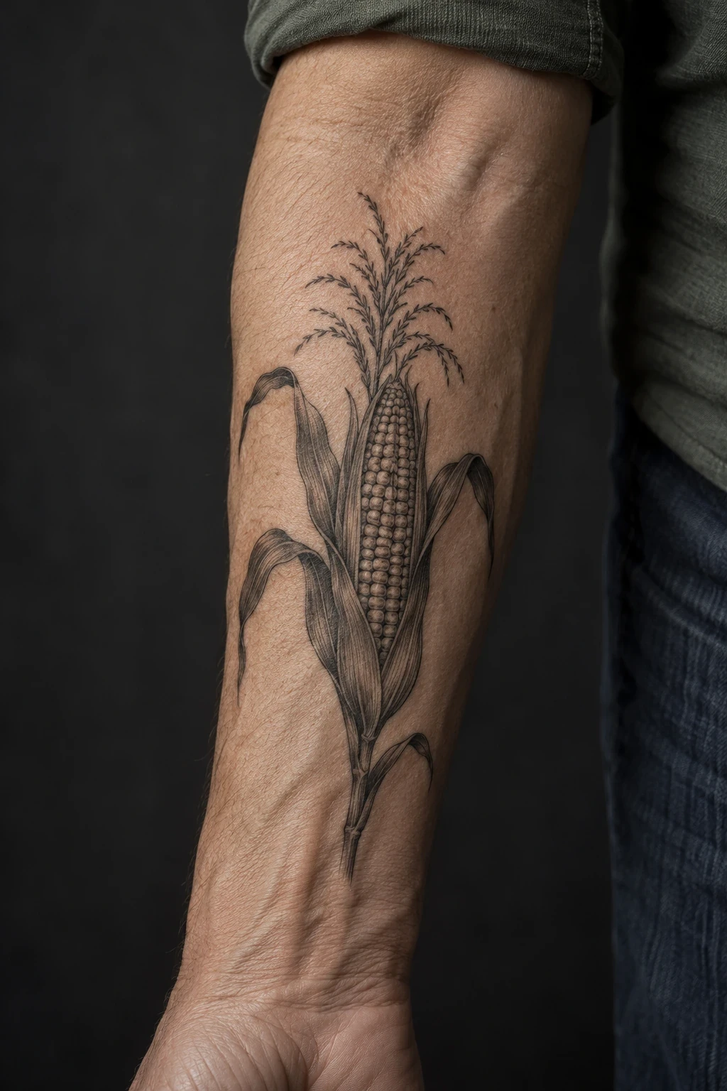 Black maize-ear tattoo with curved leaves on an inner forearm