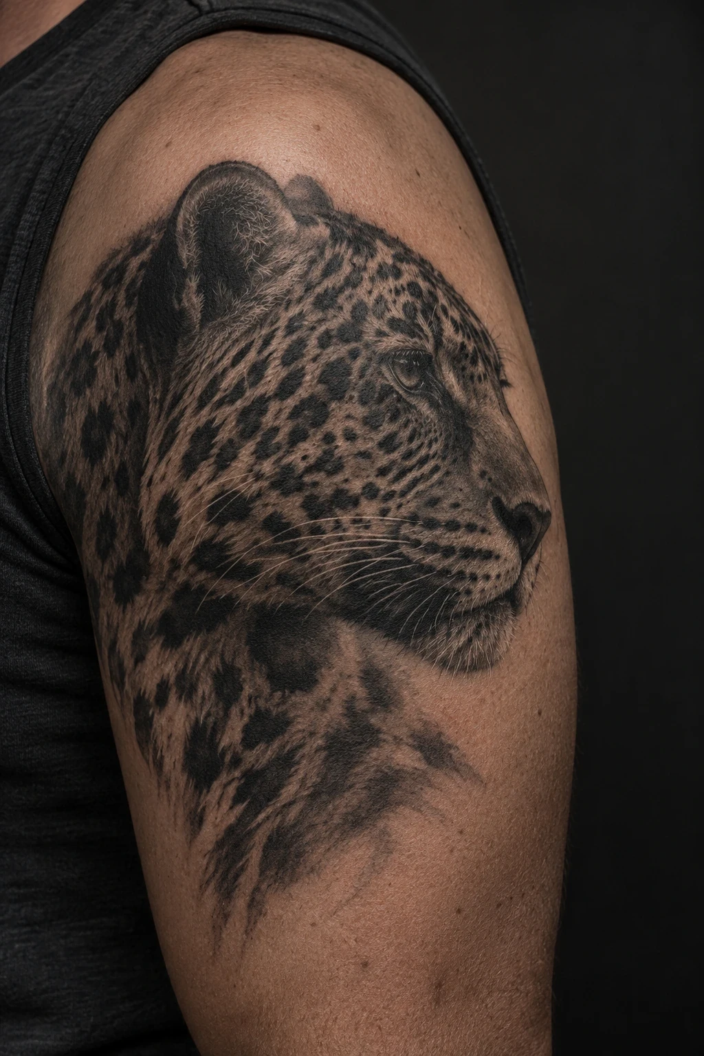Black and grey jaguar-profile tattoo with rosette markings on an upper arm