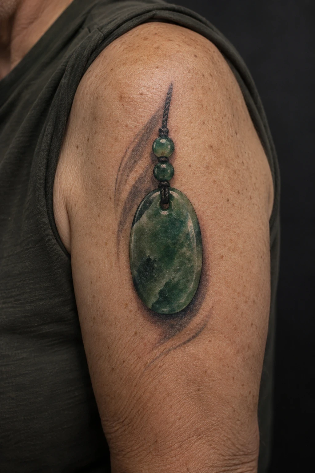 Jade-green oval pendant tattoo with two small beads on an upper arm