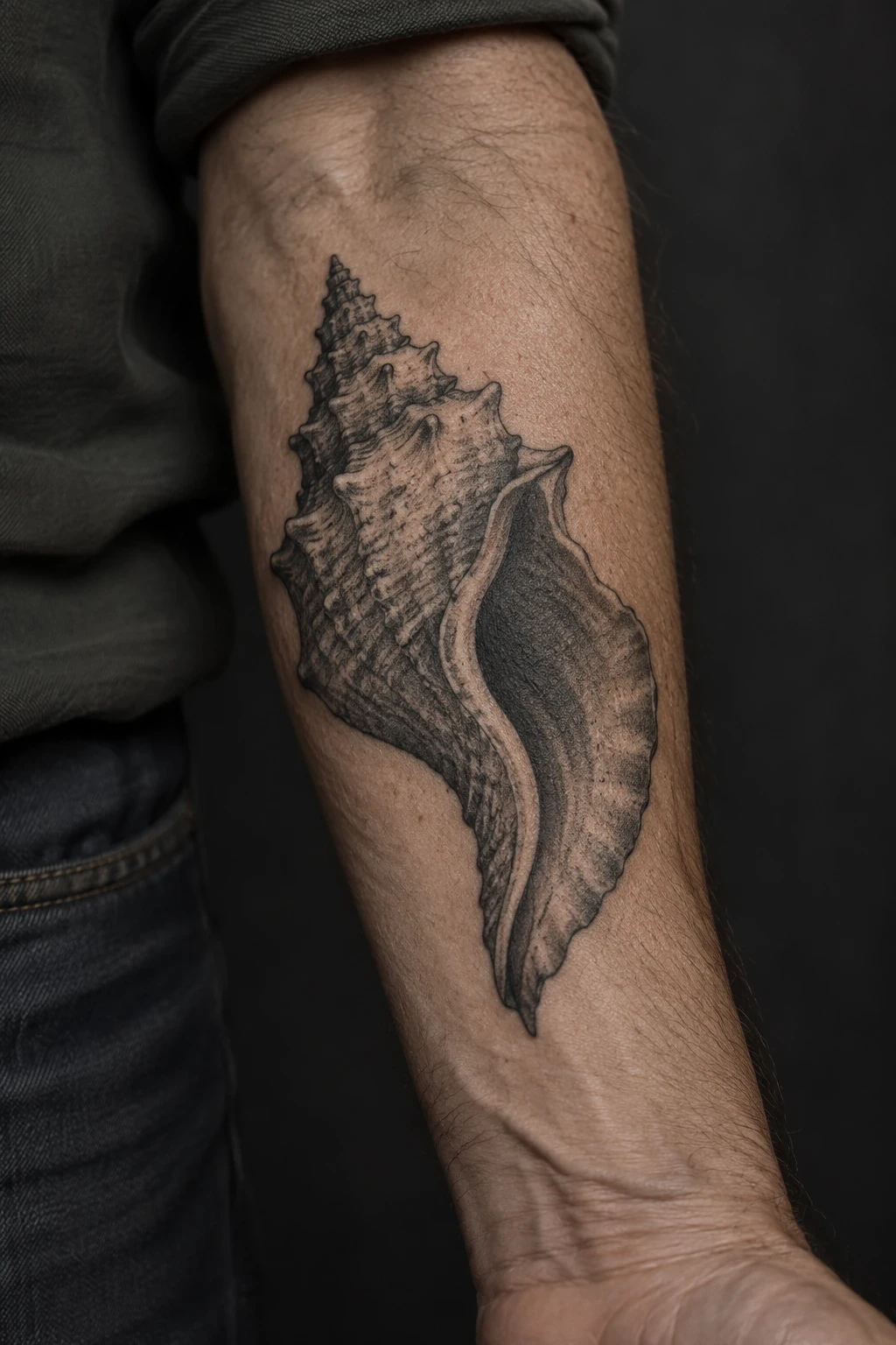 Black and grey conch-shell tattoo with a flared opening on a forearm