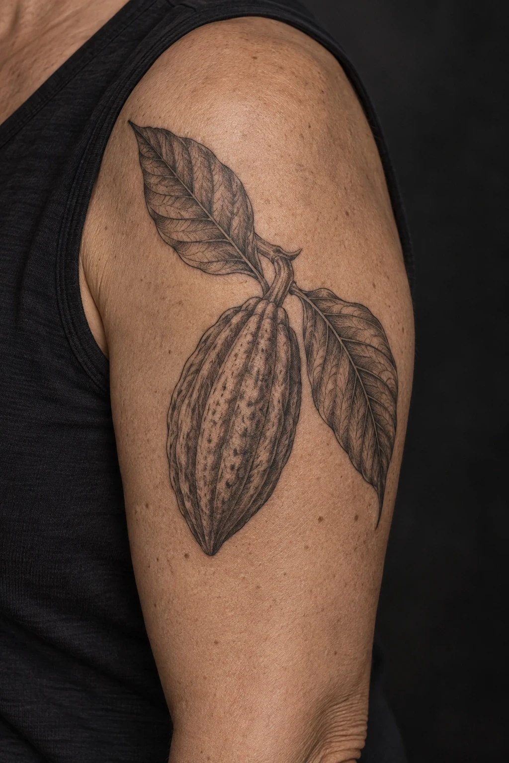 Outlined cacao-pod tattoo with two leaves on an upper arm