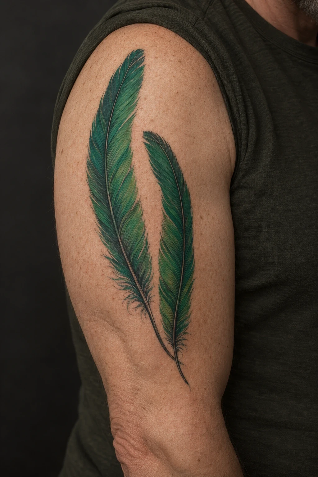 Two curved green tail-feather tattoos on an upper arm
