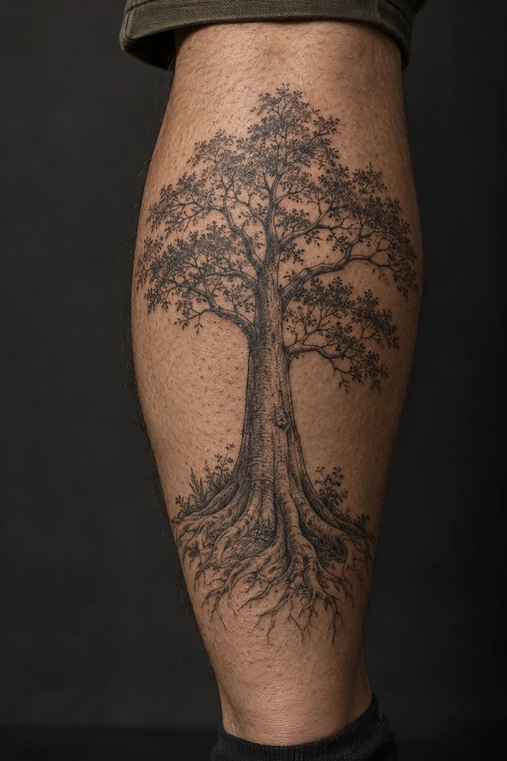 Black tree tattoo with a spreading canopy and buttress roots on a calf