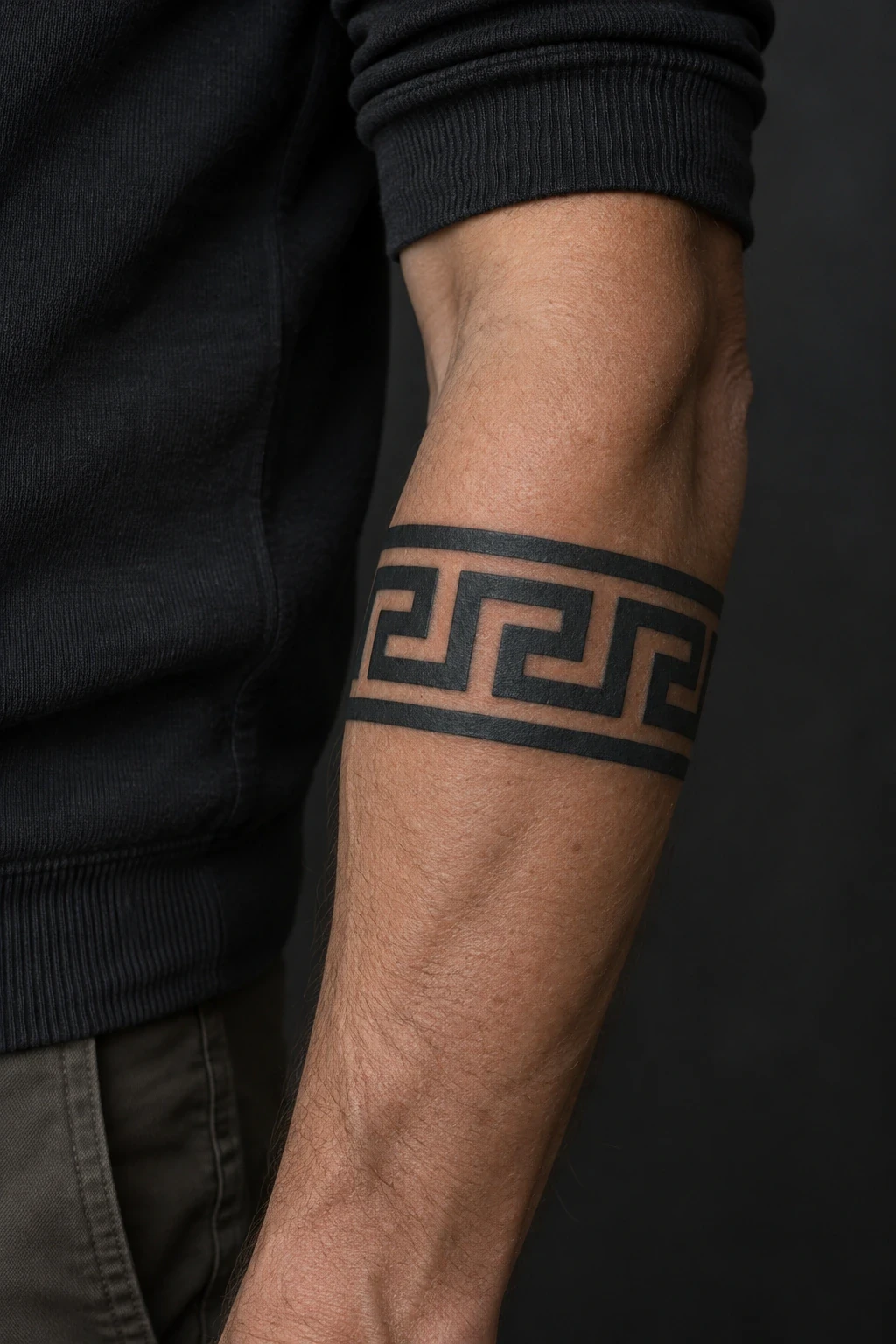 Black stepped geometric-band tattoo with open channels on a forearm